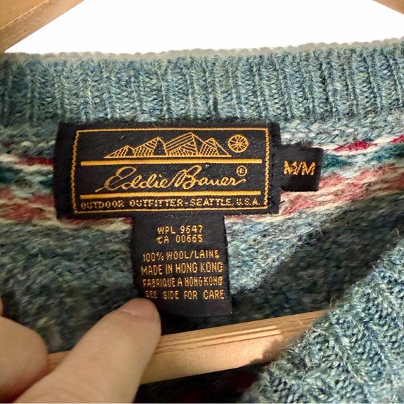 Vintage 80s Eddie Bauer 100% Wool Fair Isle Crewneck Sweater Sage Teal Medium - Picture 2 of 3